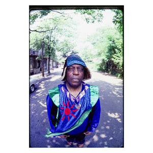 Sun Ra under the trees in Germantown, PA, 1980 — photograph by Veryl Oakland