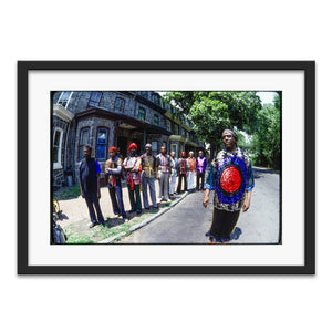 Sun Ra Arkestra outside their home in Germantown, PA, 1980 — photograph by Veryl Oakland