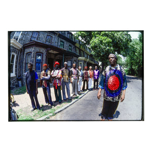 Sun Ra Arkestra outside their home in Germantown, PA, 1980 — photograph by Veryl Oakland