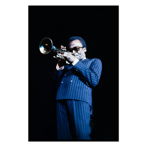 Miles Davis in a blue suit at UC Berkeley Jazz Festival, 1967 — photograph by Veryl Oakland