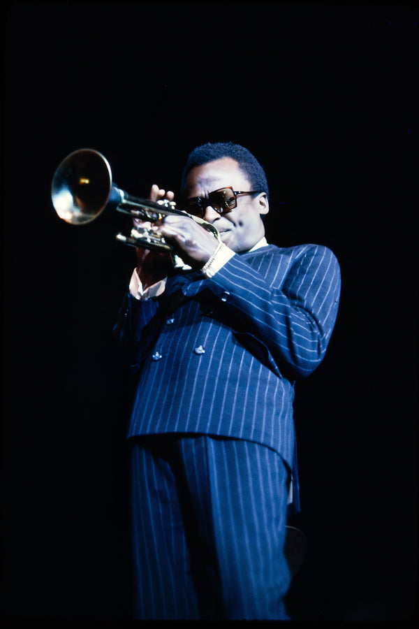 Miles Davis in a blue suit at UC Berkeley Jazz Festival, 1967 — photograph by Veryl Oakland