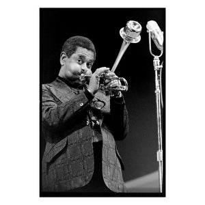 Dizzy Gillespie glancing at camera while performing at Monterey Jazz Festival, 1975 — photograph by Veryl Oakland