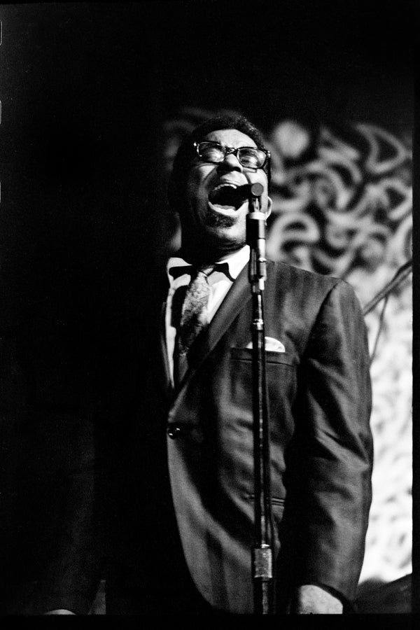 Dizzy Gillespie singing at Monterey Jazz Festival, 1975 — photograph by Veryl Oakland