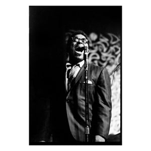 Dizzy Gillespie singing at Monterey Jazz Festival, 1975 — photograph by Veryl Oakland