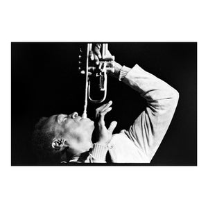 Miles Davis with his trumpet up at UC Berkeley Jazz Festival, 1970 — photograph by Veryl Oakland