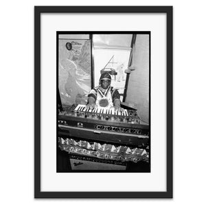Sun Ra at his Crumar synth in Germantown, PA, 1980 — photograph by Veryl Oakland