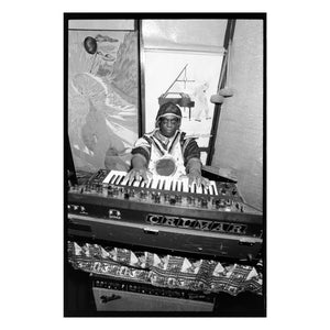 Sun Ra at his Crumar synth in Germantown, PA, 1980 — photograph by Veryl Oakland