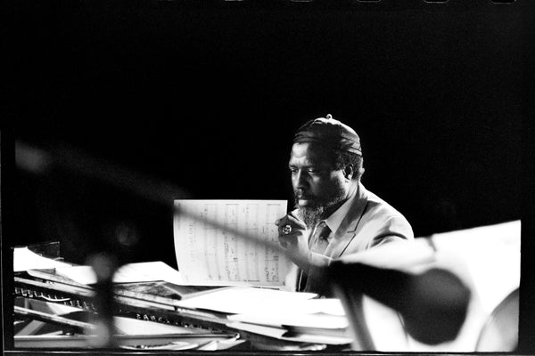 Thelonious Monk holding music up at Monterey Jazz Festival, 1969 — photograph by Veryl Oakland