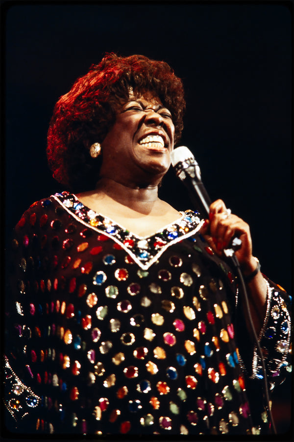 Sarah Vaughan performing in Concord, CA, 1975 — photograph by Veryl Oakland