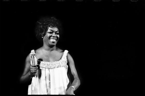 Sarah Vaughan performing at Monterey Jazz Festival, 1969 — photograph by Veryl Oakland