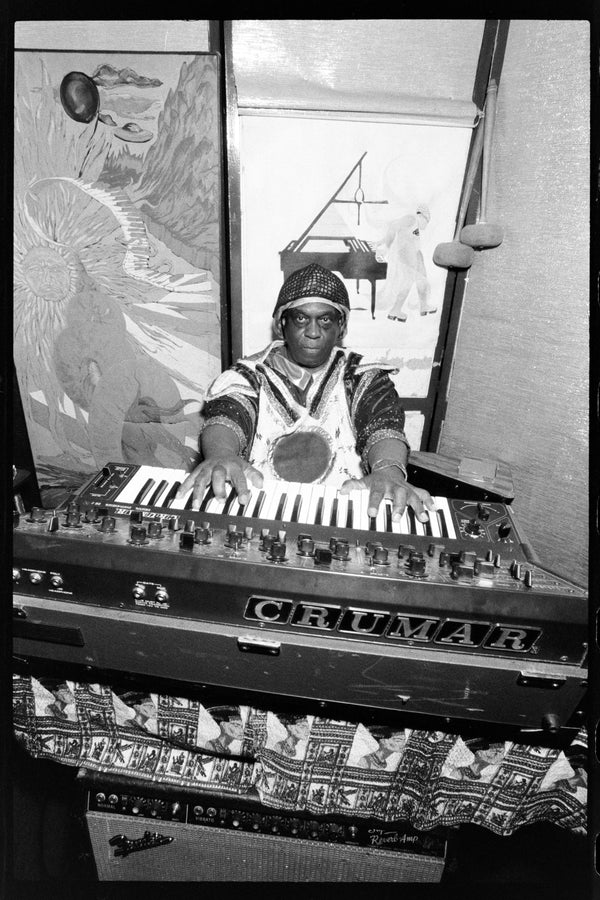 Sun Ra at his Crumar synth in Germantown, PA, 1980 — photograph by Veryl Oakland